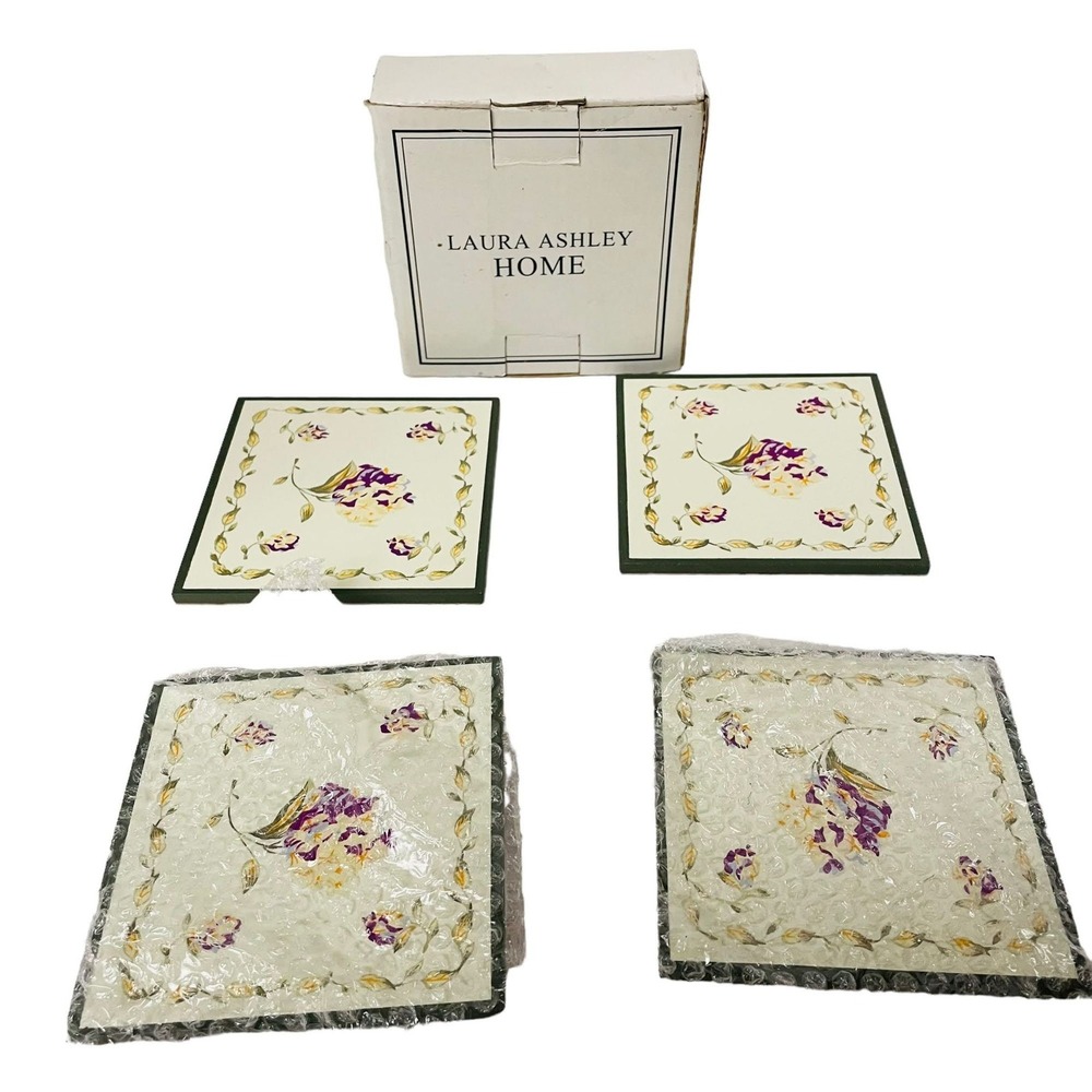 Laura Ashley Drink Coasters Flowers Leafs Beige Lot 4